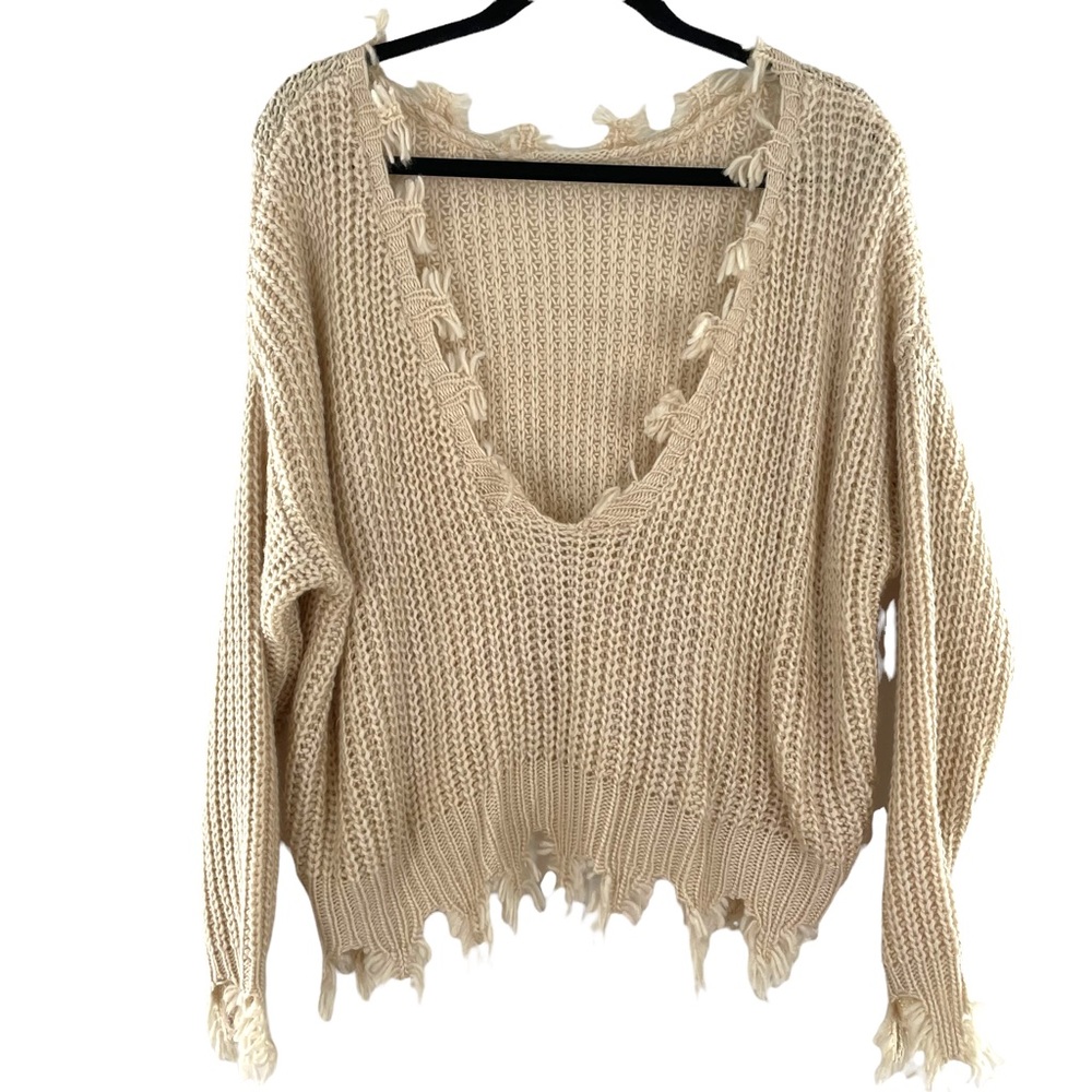 Faith & Asher Cropped Oversize Lightweight Sweater in Size Small with Fringe Hem